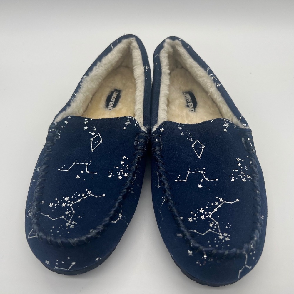 Lands End Navy Blue Suede Constellation Star Faux Fur Moccasin Slippers Womens 7
